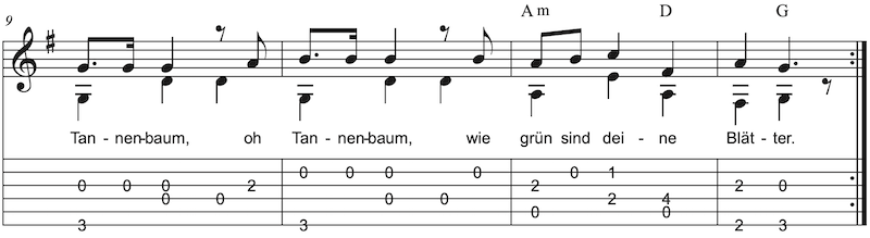 Im Solostück sind die Melodie und die Akkorde zusammengefasst. 